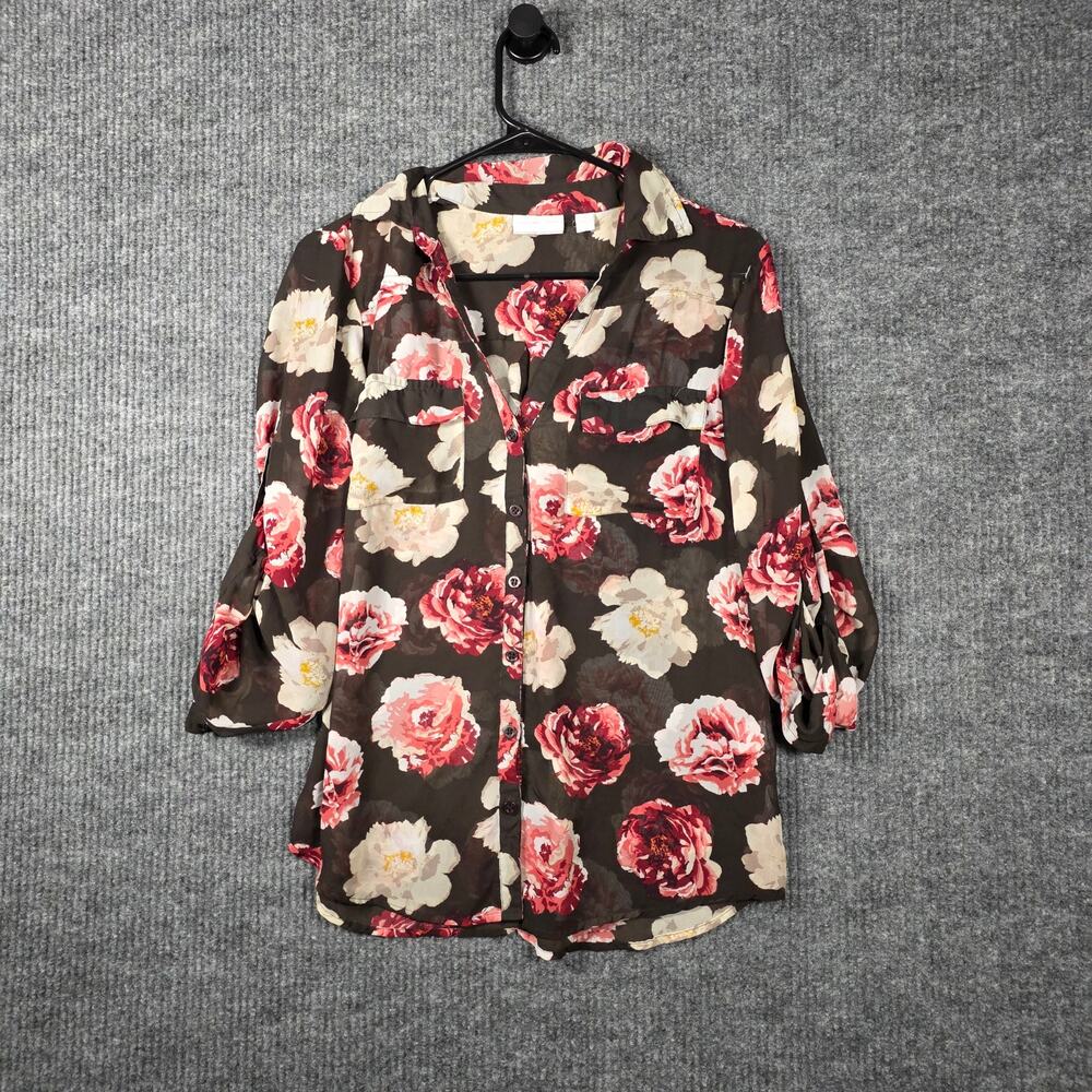 New York & Co Floral Sheer Blouse‎ Roll Tab Sleeve Size M